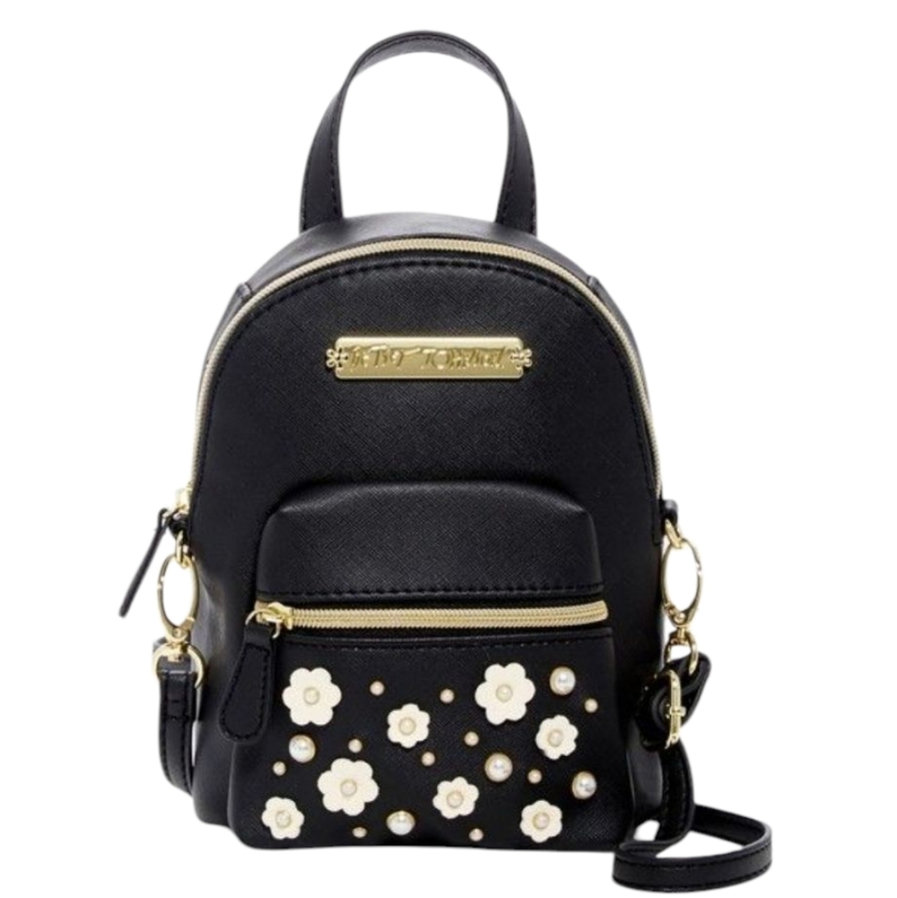NWT Betsey Johnson Black with White & Pearl Accents Mini Backpack/Crossbody